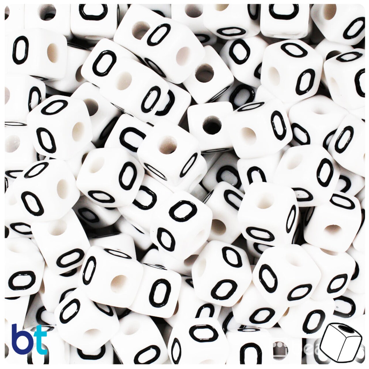 BeadTin White Opaque 10mm Cube Plastic Alpha Beads - Black Letter O (20pcs)